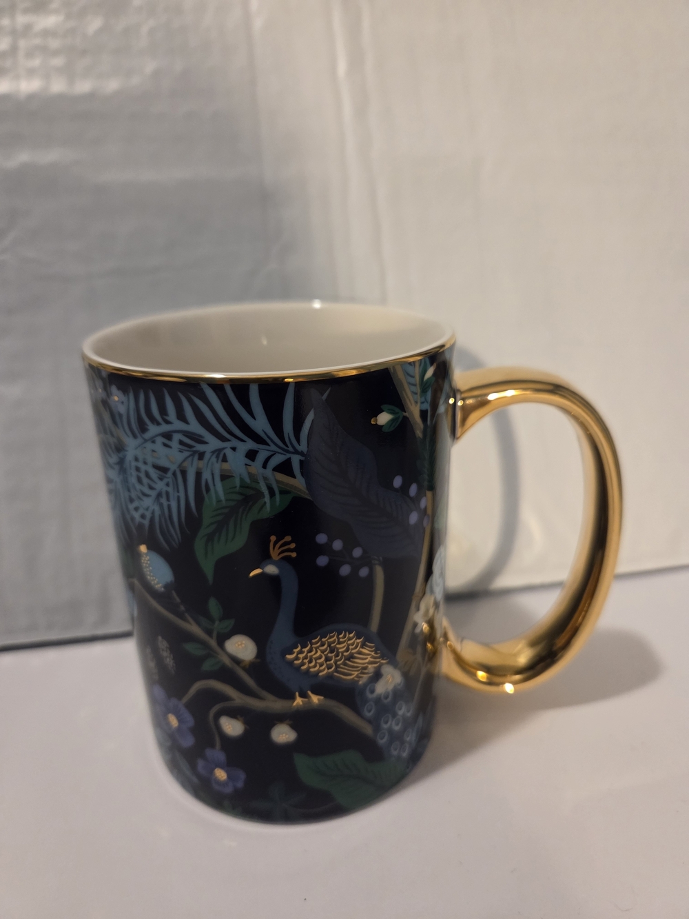 Gold-Handle Peacock Floral Ceramic Mug - Blue